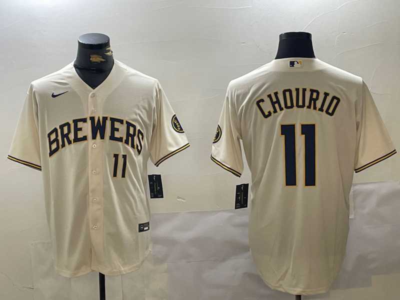 Mens Milwaukee Brewers #11 Jackson Chourio Number Cream Stitched Cool Base Nike Jersey->milwaukee brewers->MLB Jersey